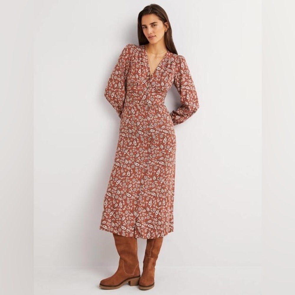 Boden Button Through Midi Tea Dress Floral Long Sleeve Dress - Brown